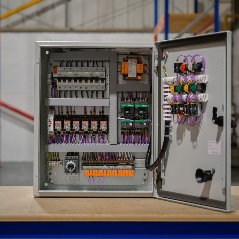 Basix twin pump wastewater control panel with the door open, showing contactors, overloads and WAGO terminals
